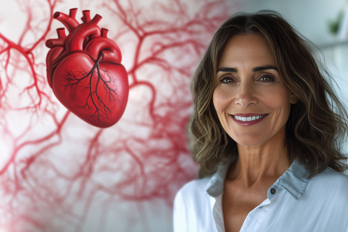 Frau lächelt vor einer Illustration eines menschlichen Herzens.