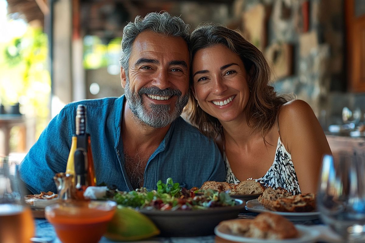 Ein lächelndes Paar genießt ein köstliches Essen im Freien.