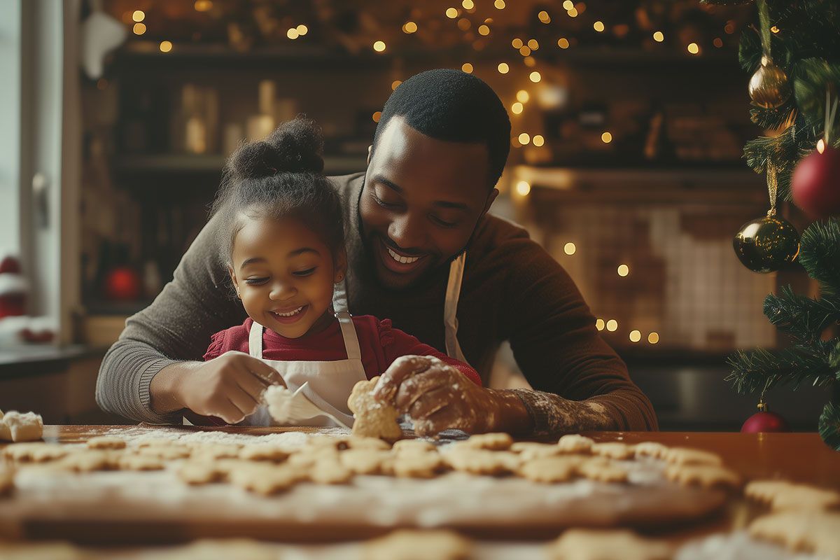 Vater und Tochter backen Weihnachtsplätzchen in einer festlich dekorierten Küche.
