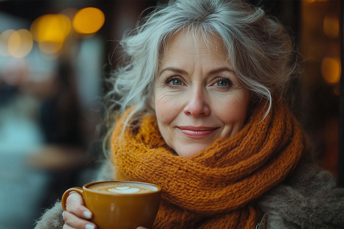 Eine Frau mit grauen Haaren und einem orangefarbenen Schal, die lächelt und eine Tasse Kaffee hält.