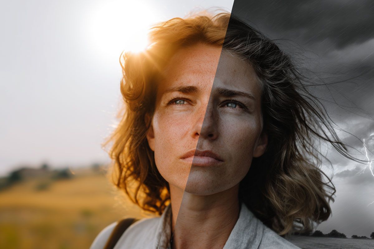 Porträt einer Frau mit Sonnenlicht und Sturm im Hintergrund.