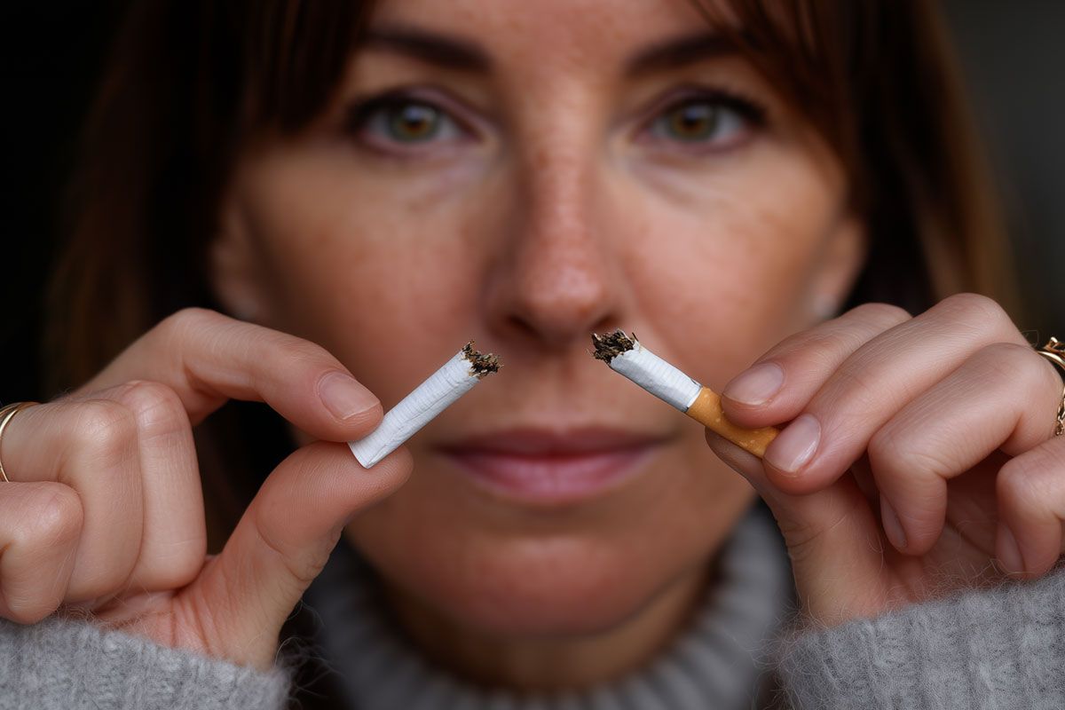Frau hält zwei zerbrochene Zigaretten in den Händen
