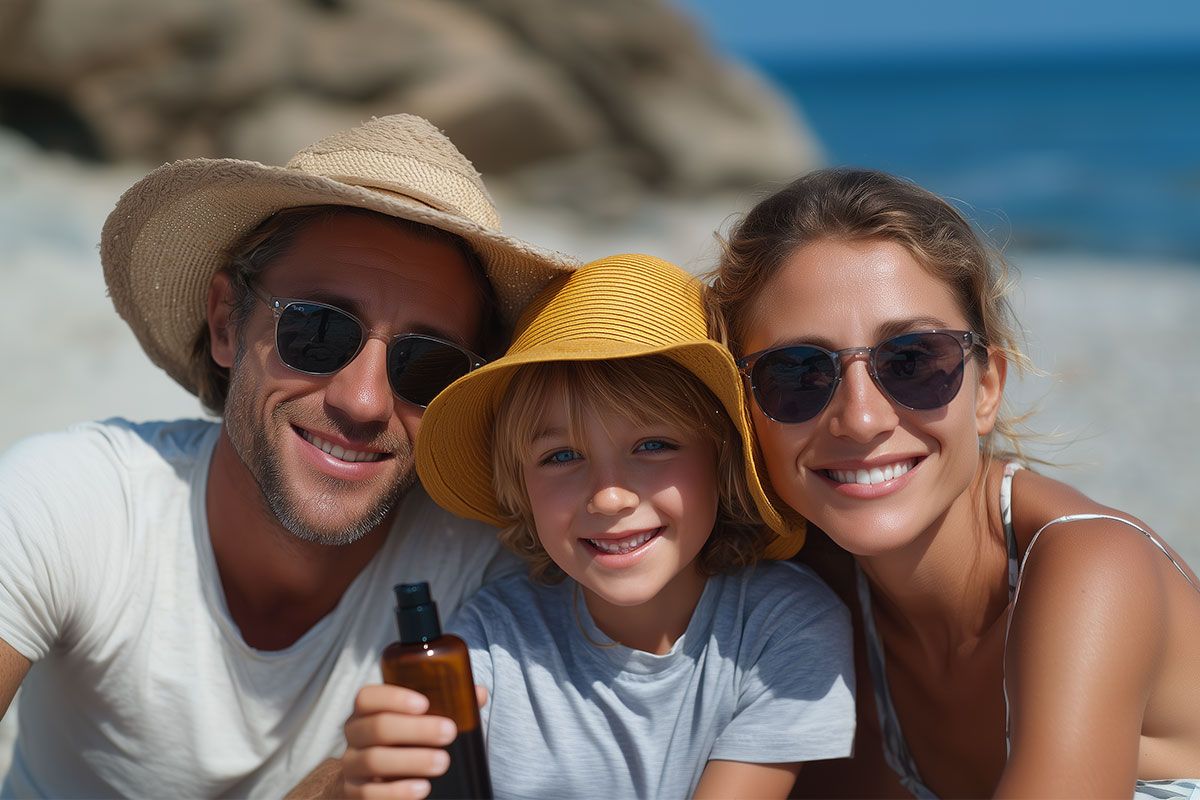Eine glückliche Familie am Strand mit Sonnenbrillen und Hüten.