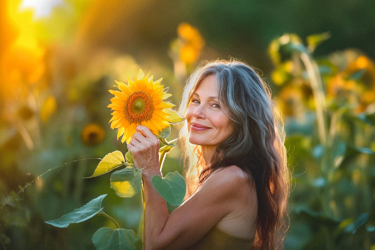 Frau mit langen Haaren, die eine Sonnenblume in einem Sonnenblumenfeld hält.